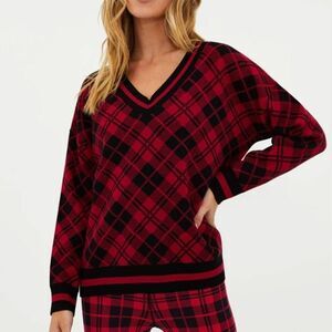 Beach Riot Red Black Merry Plaid Joey V-Neck Sweater Sz S Holidays Grunge Fall